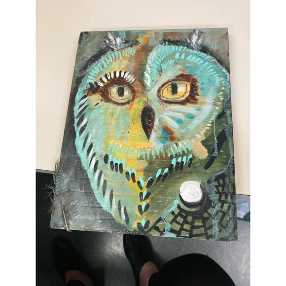 Art‎ Original Hand Painted Wise Ole Owl with Real Owl Feather On Wood 81/… - Picture 9 of 10